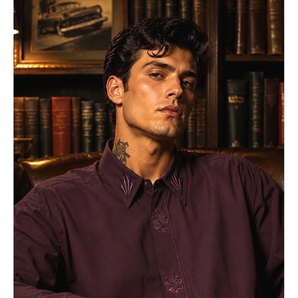 VTG Bruttini Uomo Men's XL Long Sleeve Button Up Shirt Embroidered Burgundy